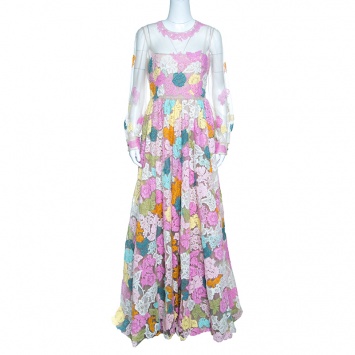 Pre Owned Valentino Multicolor Floral Lace Applique Long Sleeve Organza Gown M