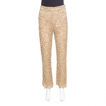 Pre Owned Valentino Gold Embroidered Floral Lace Pants S 
