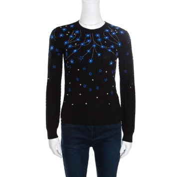 Pre Owned Valentino Black Wool Jacquard Floral Embroidered Sweater S