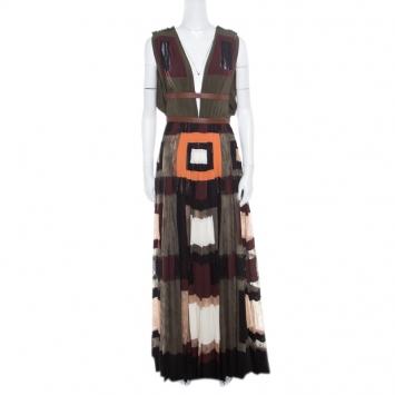 Pre Owned Valentino Colorblock Silk and Lace Paneled Leather Trim Plunge Neck Maxi Dress S