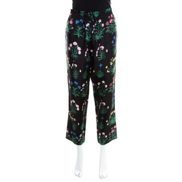 Pre Owned Valentino Black Floral Printed Silk Drawstring Detail Pyjama Pants L