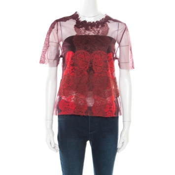 Pre Owned Valentino Red Gradient Lace Appliqued Tulle Top M