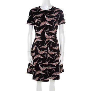 Pre Owned Valentino Black and Pink Bird Print Jacquard Knit Fit and Flare Dress M