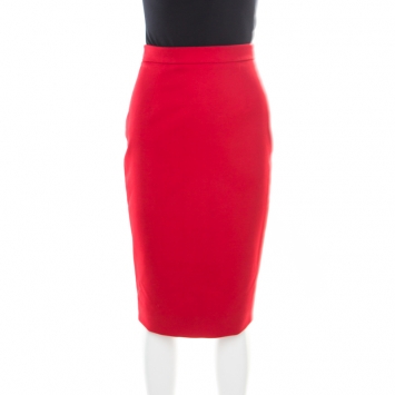 Pre Owned Valentino Technocouture Lipstick Red Fleece Wool Pencil Skirt S