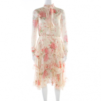 Pre Owned Valentino Pale Yellow Rose Printed Silk Tie Up Detail Tiered Dress S