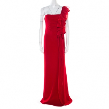 Pre Owned Valentino Red Ruffle Detail One Shoulder Gown M