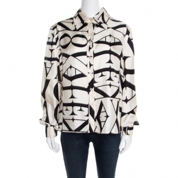 Pre Owned Valentino Cream Monogram Print Long Sleeve Button Front Silk Shirt XL