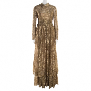 Pre Owned Valentino Metallic Gold Floral Lace Studded Leather Collar Detail Gown M