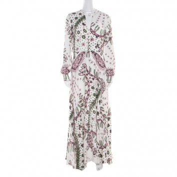 Pre Owned Valentino White Aztec Zandra Leopard Print Crepe Keyhole Neck Maxi Dress M