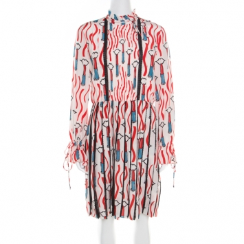 Pre Owned Valentino Cream Lipstick Print Silk Crepe de Chine High Collar Dress S