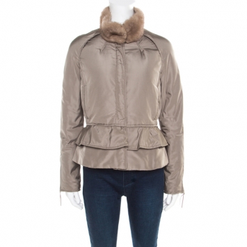 Pre Owned Valentino Brown Mink Fur Collar Detail Zip Front Jacket M