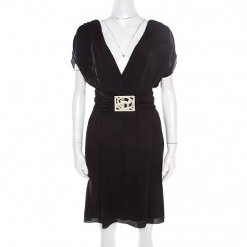 Pre Owned Valentino Black Silk Plunge Neck Buckle Detail Belted Dress M