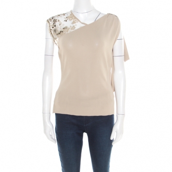 Pre Owned Valentino Beige Floral Lurex Lace Embellished Sleeve Detail Draped Top L