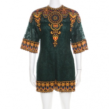 Pre Owned Valentino Forest Green Floral Guipure Lace Playsuit S