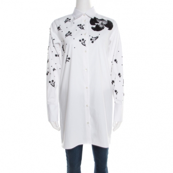 Pre Owned Valentino White Embellished Cotton Long Sleeve Shirt M