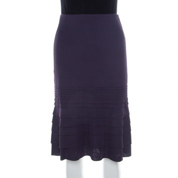 Pre Owned Valentino Purple Rib Knit Tiered Pleat Detail A Line Skirt M