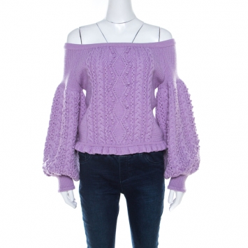 مملوكة مسبقًا Valentino Lilac Cable Knit Wool Off Shoulder Sweater L
