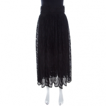 Pre Owned Valentino Black Sangallo Embroidered Cotton Lace Scalloped Maxi Skirt S
