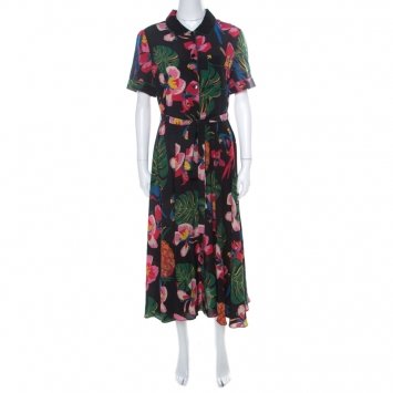 Pre Owned Valentino Multicolor Tropical Print Silk Button Down Dress M
