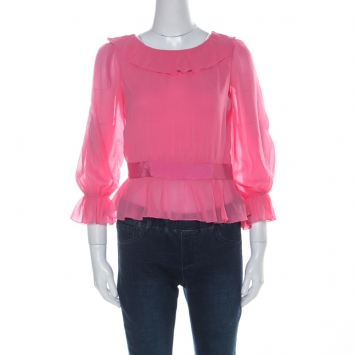 Pre Owned Valentino Red Pink Silk Waist Tie Detail Ruffle V-Neck Blouse S
