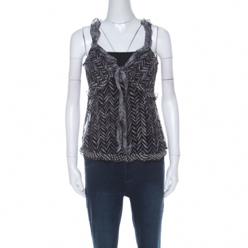 Pre Owned Valentino Monochrome Chevron Print Silk Ruffle Trim Camisole M