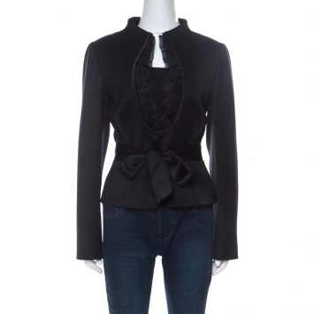 Pre Owned Valentino Black Wool Ruffle Front Detail Stand Collar Jacket XL 