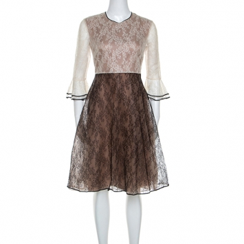 Pre Owned Valentino Bicolor Lace Tulip Sleeve Dress M