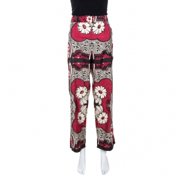Pre Owned Valentino Maroon Floral Print Silk Wide Leg Pants L