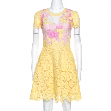 Pre Owned Valentino Yellow & Pink Lace Tulle Scalloped Hem Dress S