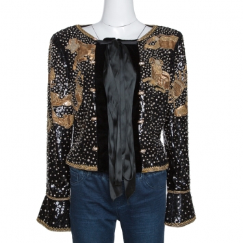 Pre Owned Valentino Boutique Vintage Black Astrology Embellished Velvet Trim Jacket L