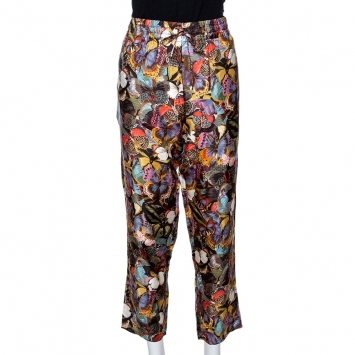 Pre Owned Valentino Multicolor Butterfly Printed Silk Elasticised Waist Pants M