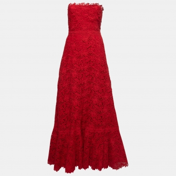 Pre Owned Valentino Red Guipure Lace Strapless Gown S