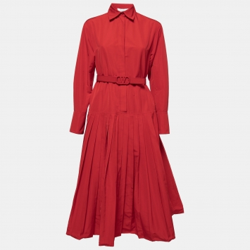 Pre Owned Valentino Red Gabardine Pleated Belted Shirt Dress S
