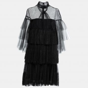 Pre Owned Valentino Black Tulle & Lace Pleated Tiered Mini Dress L
