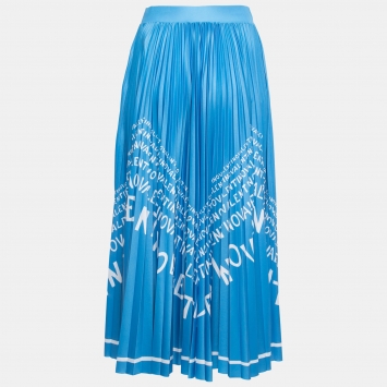 Pre Owned Valentino Blue Plisse Chevron Logo Print Midi Skirt S