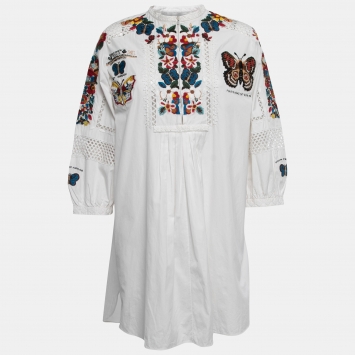 Pre Owned Valentino White Cotton Butterfly Embroidered Tunic Dress M