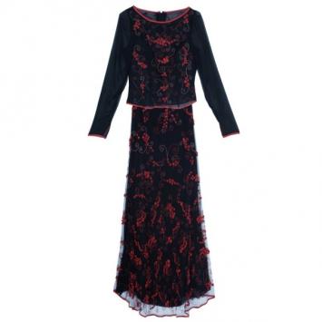 Pre Owned Valentino Black/Red Embellished Top And Skirt Set M