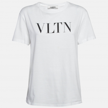 Pre Owned Valentino White VLTN Printed Cotton T-Shirt XS