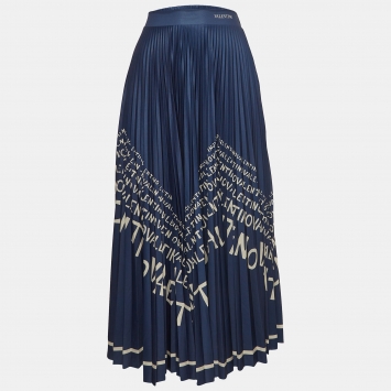 Pre Owned Valentino Navy Blue Logo Print Jersey Plisse Midi Skirt M