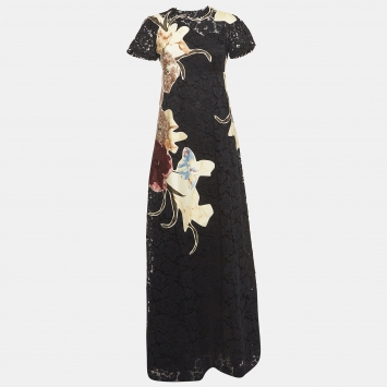 Pre Owned Valentino Black Floral Applique Lace  Maxi Dress M
