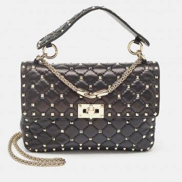 Pre Owned Valentino Black Quilted Leather Medium Rockstud Spike Top Handle Bag