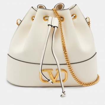 Pre Owned Valentino Off White Leather VLogo Bucket Bag