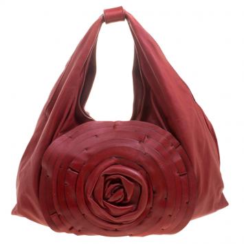 Pre Owned Valentino Red Leather Large Petale Rose Hobo 