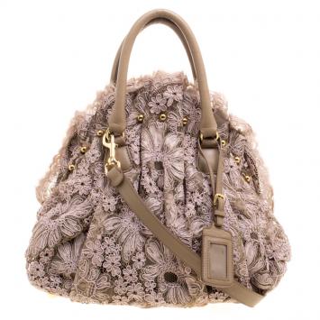 Pre Owned Valentino Pink/Beige Lace and Leather Hobo