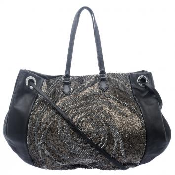 Pre Owned Valentino Black Leather Sequin Hobo