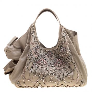Pre Owned Valentino Beige Leather Pearl Embellished Hobo
