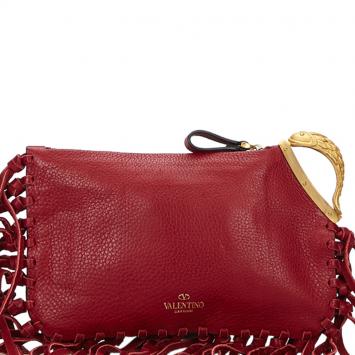 Pre Owned Valentino Red Leather C-Rockee Fringe Clutch