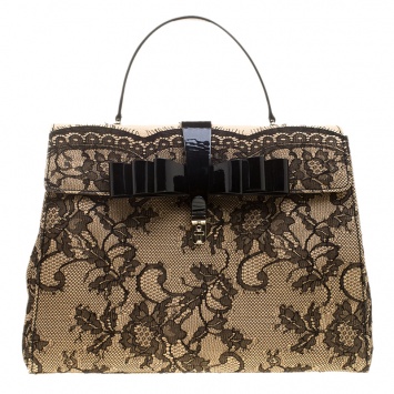 Pre Owned Valentino Beige/Black Raffia and Lace Top Handle Bag