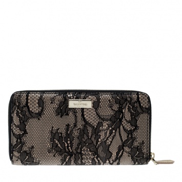 Pre Owned Valentino Beige/Black Lace and Patent Leather Zip Around Wallet
