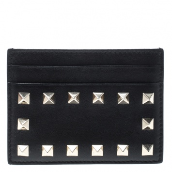 Pre Owned Valentino Black Leather Rockstud Card Holder